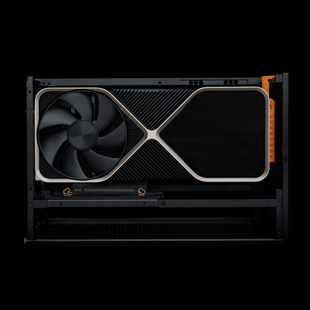 NCASE T1 Travel Kit installed with NVIDIA RTX 4090 / 4080 Founders Edition GPU inside T1 case, showing secure fit and anti-sag support-originally co-developed as FormD T1