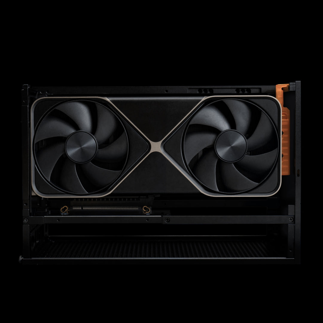 NCASE T1 Travel Kit shown with NVIDIA RTX 5090 / 5080 Founders Edition GPU installed in T1 case, demonstrating anti-sag support and secure transport fit.-originally co-developed as FormD T1