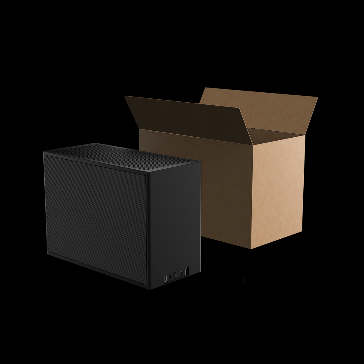 NCASE M2 Round Black shown with its assembled shipping box