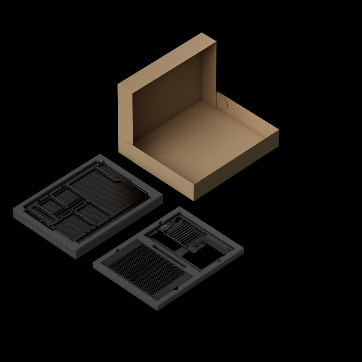 NCASE M2 Grater Black Flatpack packaging layout, displaying the unassembled CNC aluminum panels, mesh sides, and accessories organized in protective foam layers.