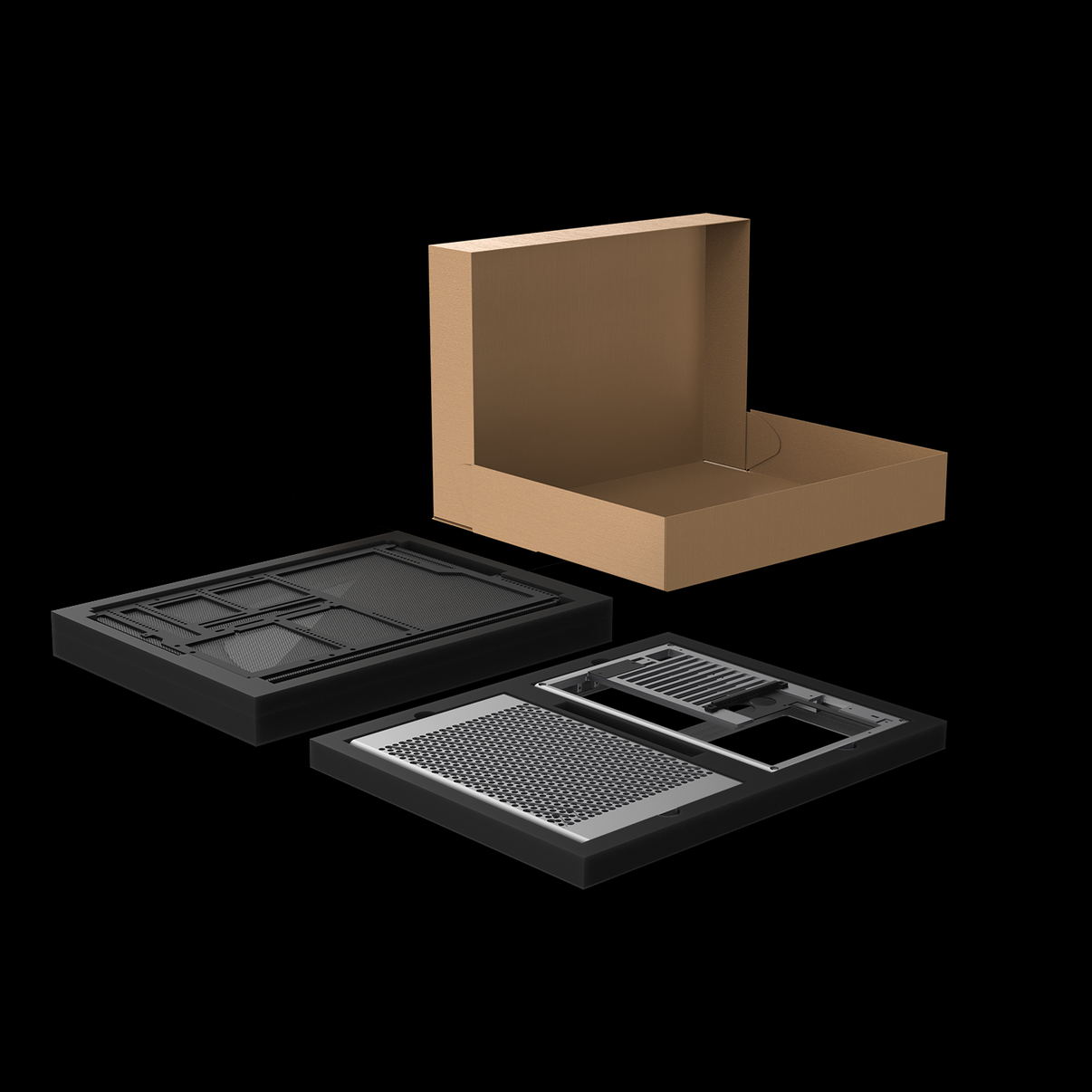 NCASE M2 Grater Silver Flatpack packaging layout, displaying the unassembled CNC aluminum panels, mesh sides, and accessories organized in protective foam layers.