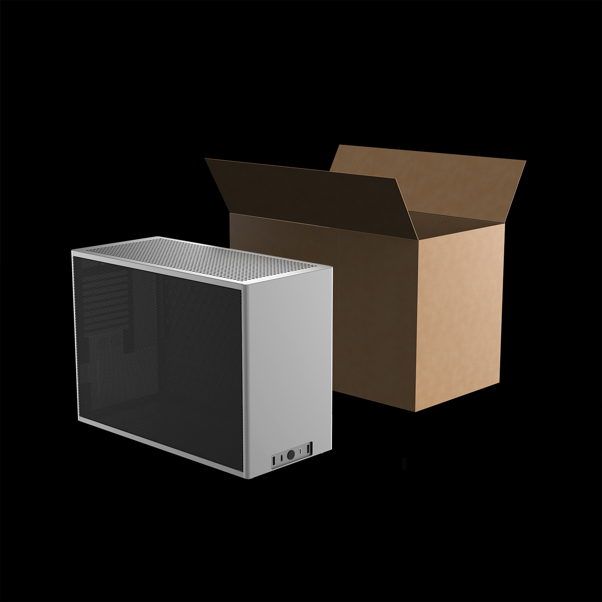 NCASE M2 Round Silver shown with its assembled shipping box