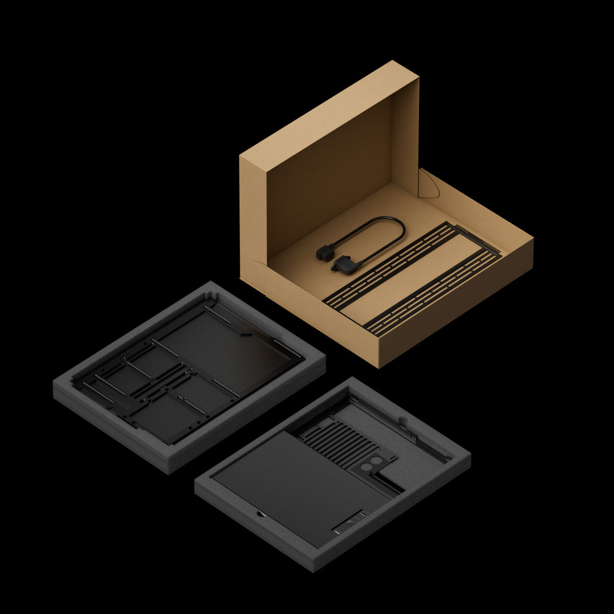 Flat-pack packaging for the NCASE M3 Round black small form factor PC case showing the case parts and included accessories