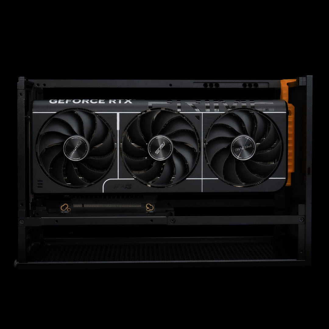 NCASE T1 Travel Kit with ASUS Prime RTX 5080 / 5070 GPU installed in T1 case, highlighting anti-sag support and secure travel-friendly fit.originally co-developed as FormD T1