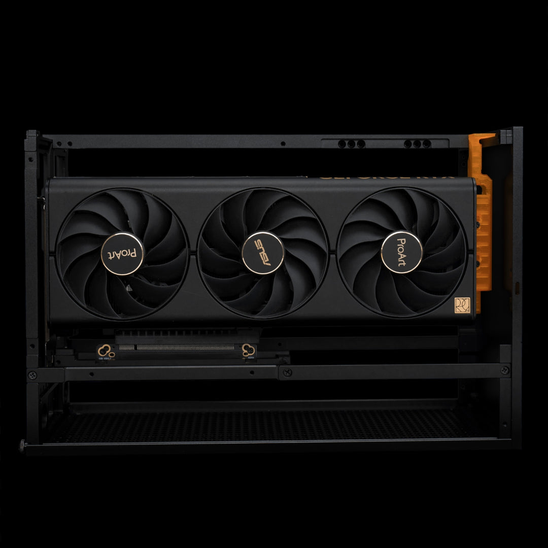 NCASE T1 Travel Kit installed with ASUS ProArt RTX 4080 / 4070 GPU, showcasing secure mounting and anti-sag support in the T1 case.-originally co-developed as FormD T1