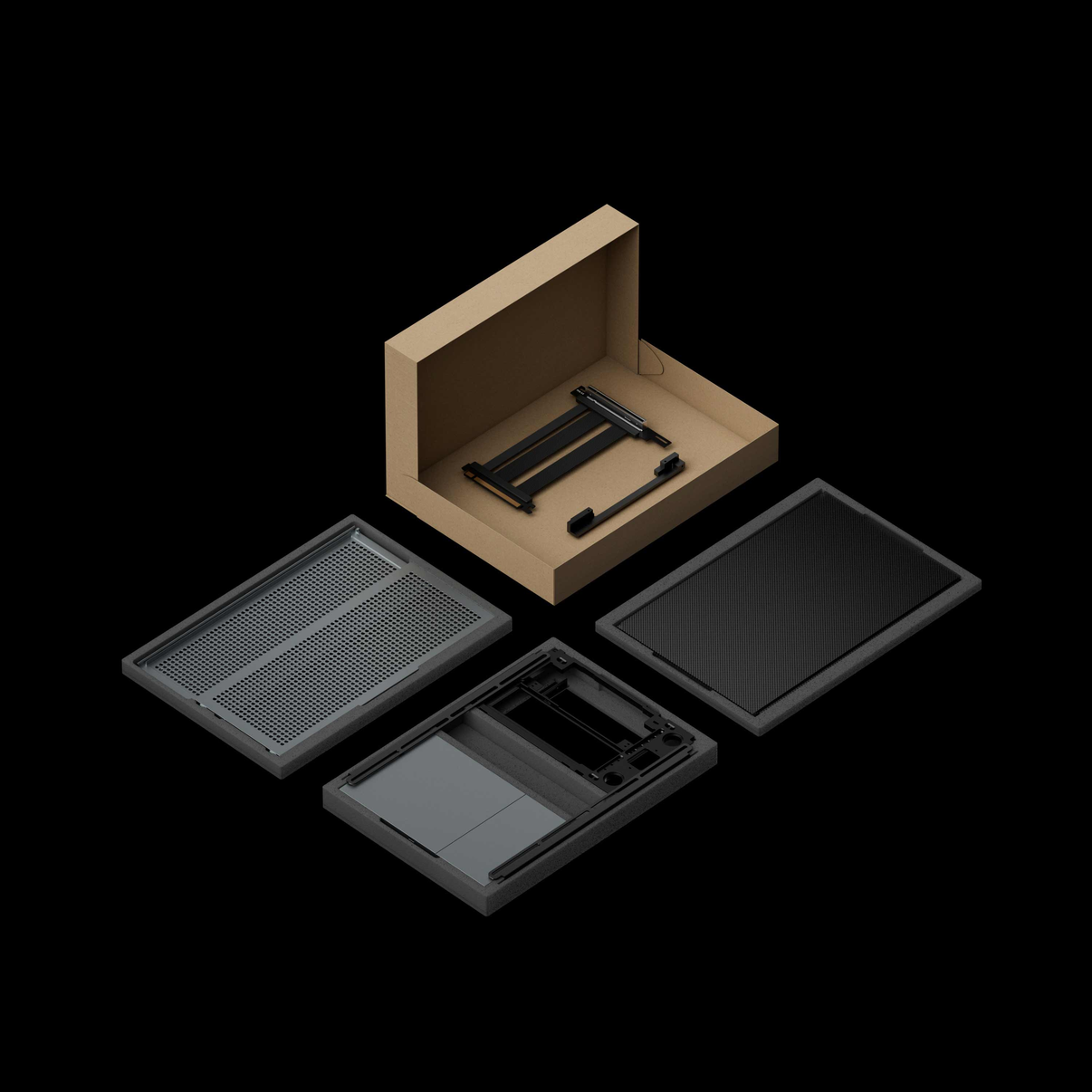 Flat-pack packaging layout of the NCASE FORMD T1 V2.5  (black) SFF ITX case — flat-pack kit shown with panels, internal frame, mesh side panels and included PCIe 5.0 riser cable laid out in the shipping box.