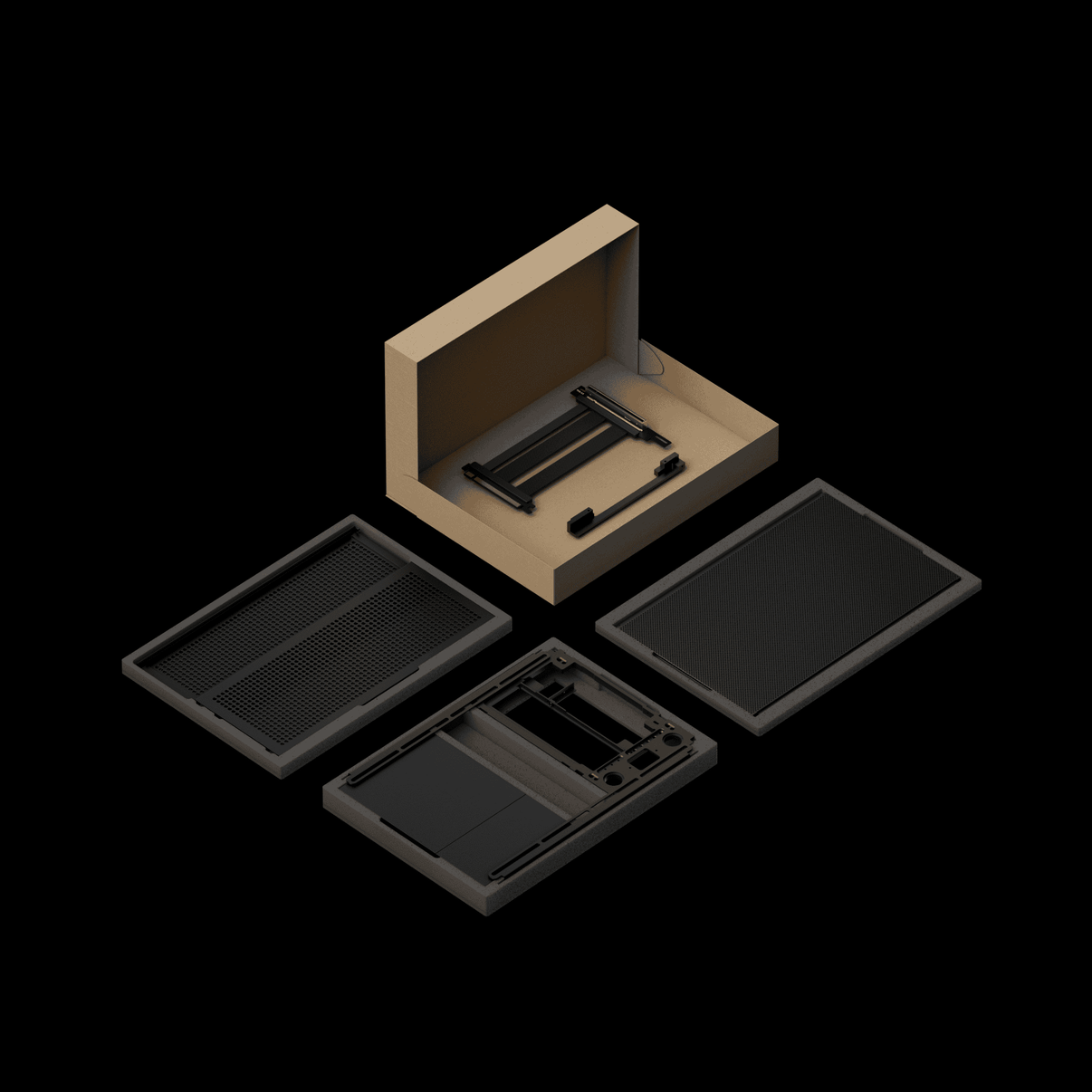 Flat-pack packaging layout of the NCASE FORMD T1 V2.5  (black) SFF ITX case — flat-pack kit shown with panels, internal frame, mesh side panels and included PCIe 5.0 riser cable laid out in the shipping box.