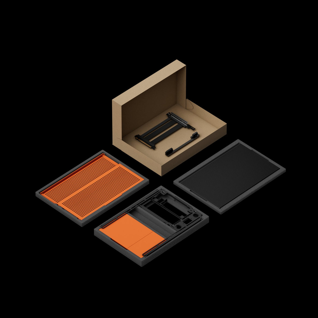 FORMD T1 V2.5 by NCASE (Cosmic Orange) SFF ITX case — flat-pack kit shown with panels, internal frame, mesh side panels and included PCIe 5.0 riser cable laid out in the shipping box.

