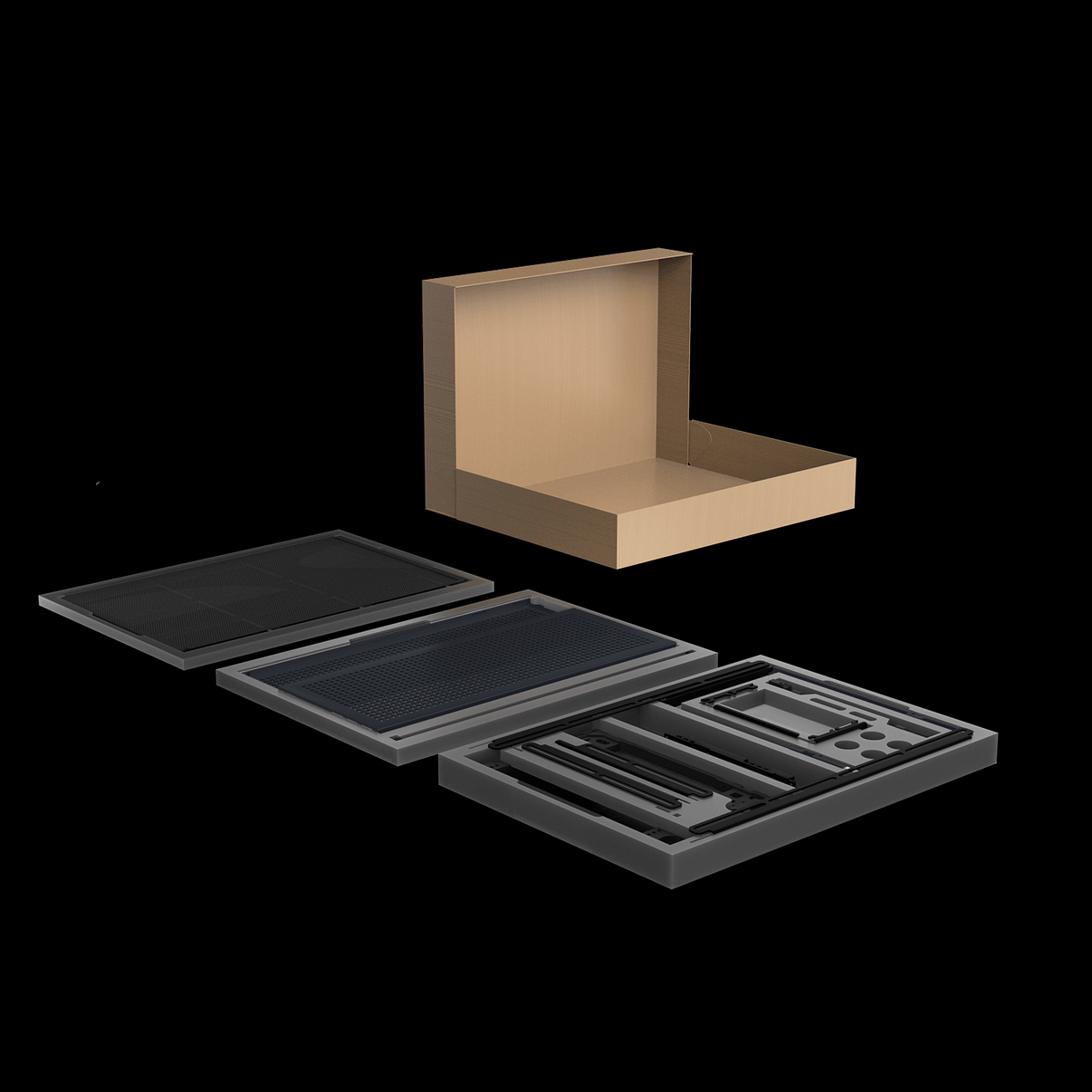 NCASE T1 Gunmetal flatpack – packaging layout with protective foam tray and cardboard box –  originally co-developed as FormD T1