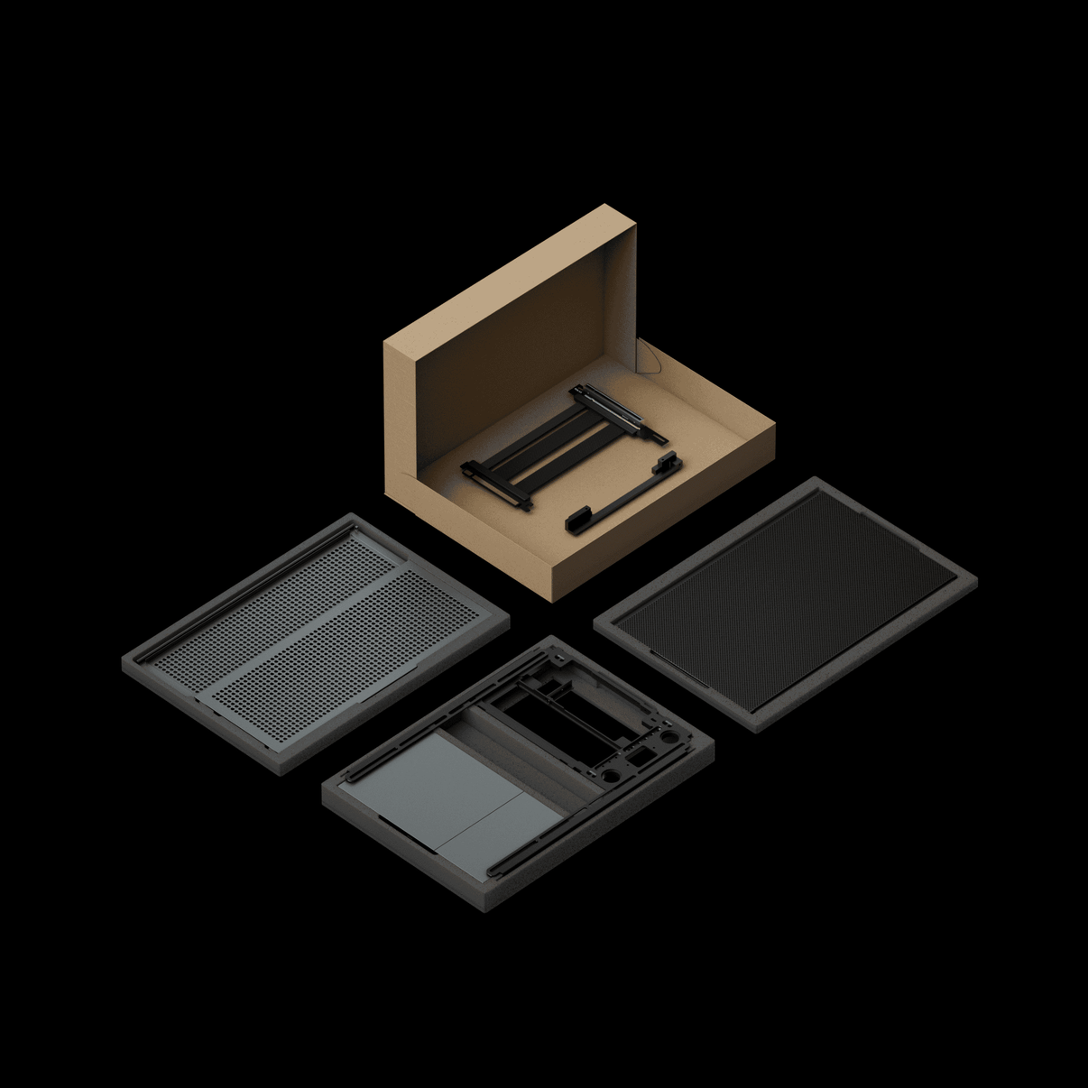 FORMD T1 V2.5 by NCASE (Gunmetal) SFF ITX case — flat-pack kit shown with panels, internal frame, mesh side panels and included PCIe 5.0 riser cable laid out in the shipping box.
