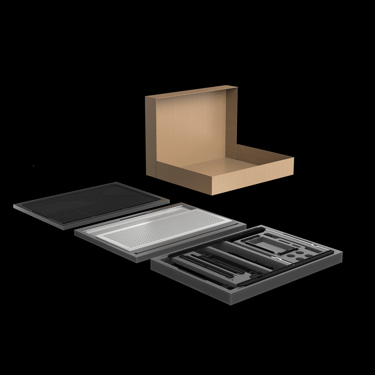 NCASE T1 Silver flatpack – packaging layout with protective foam tray and cardboard box –  originally co-developed as FormD T1