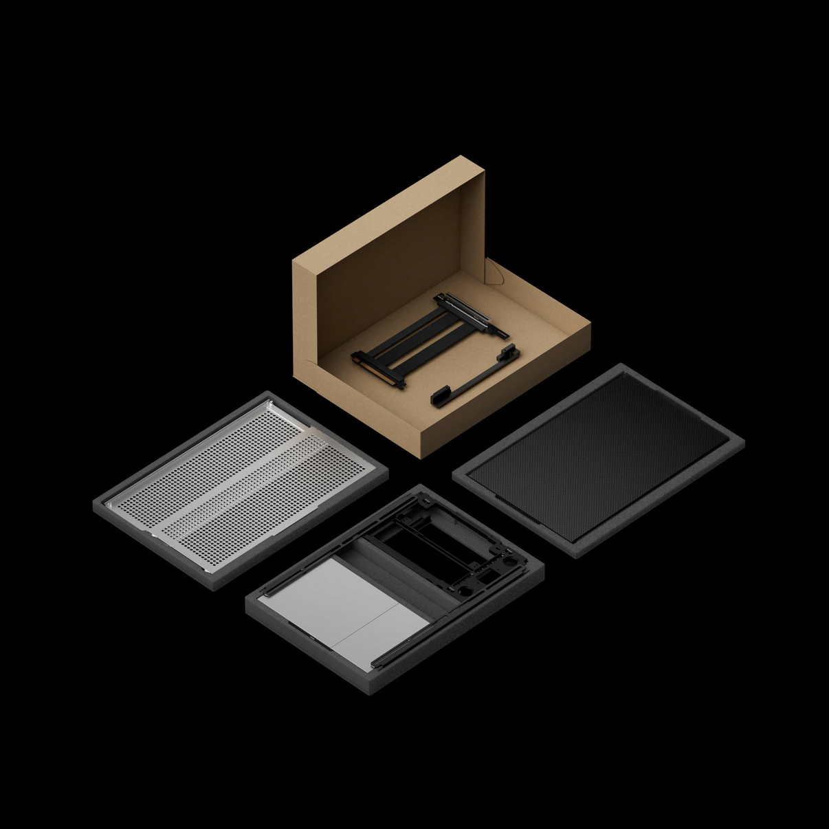 NCASE FORMD T1 V2.5 in Silver SFF ITX case — flat-pack kit shown with panels, internal frame, mesh side panels and included PCIe 5.0 riser cable laid out in the shipping box.