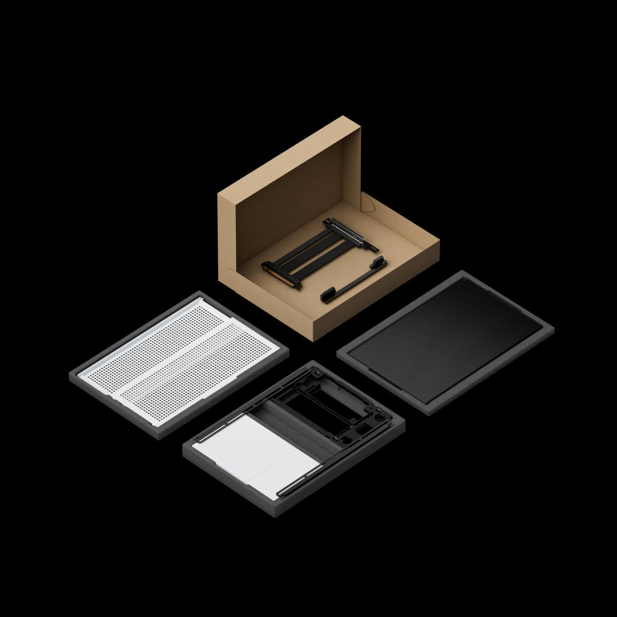 FORMD T1 V2.5 by NCASE (Ewhite) SFF ITX case — flat-pack kit shown with panels, internal frame, mesh side panels and included PCIe 5.0 riser cable laid out in the shipping box.
