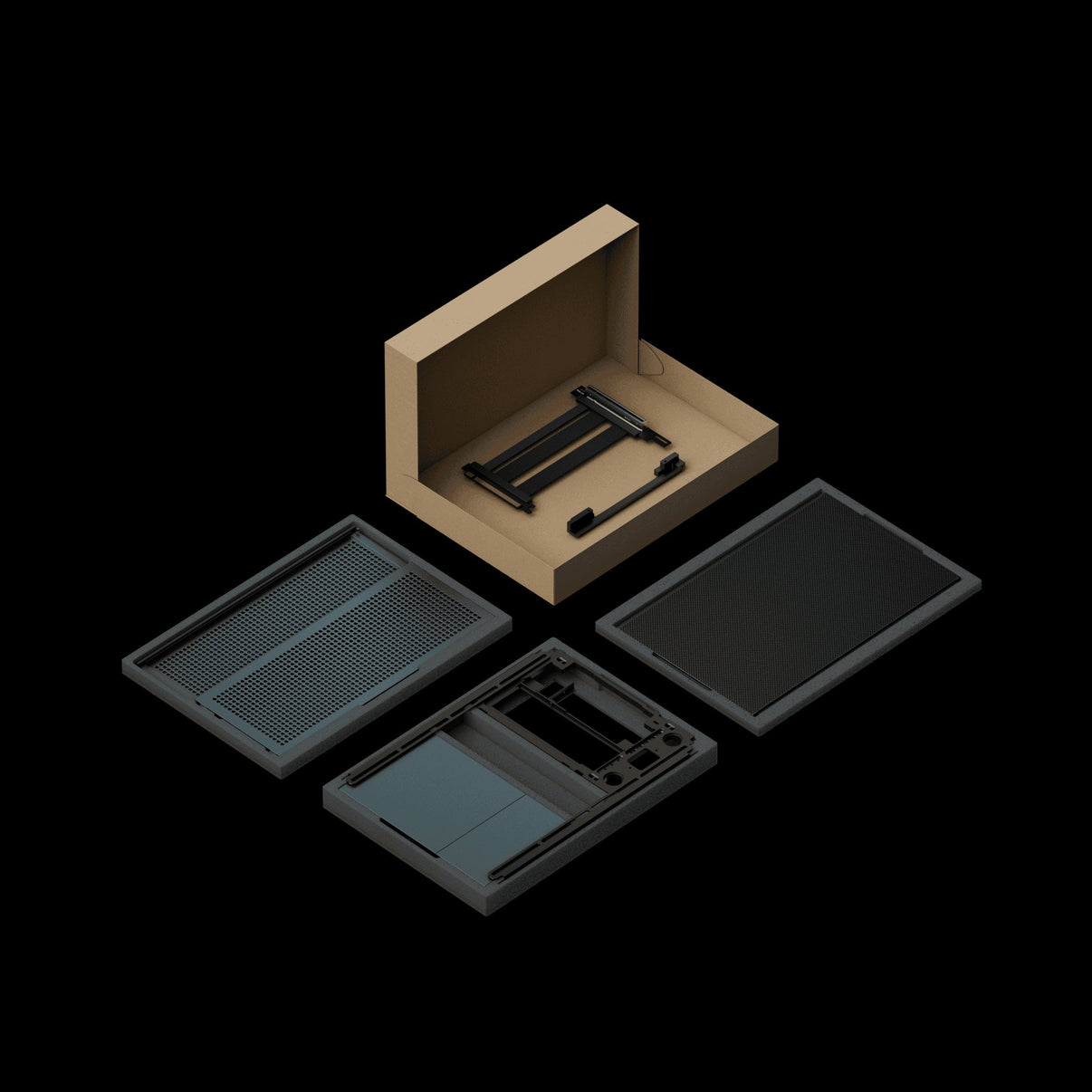 FORMD T1 V2.5 by NCASE (Midnight) SFF ITX case — flat-pack kit shown with panels, internal frame, mesh side panels and included PCIe 5.0 riser cable laid out in the shipping box.