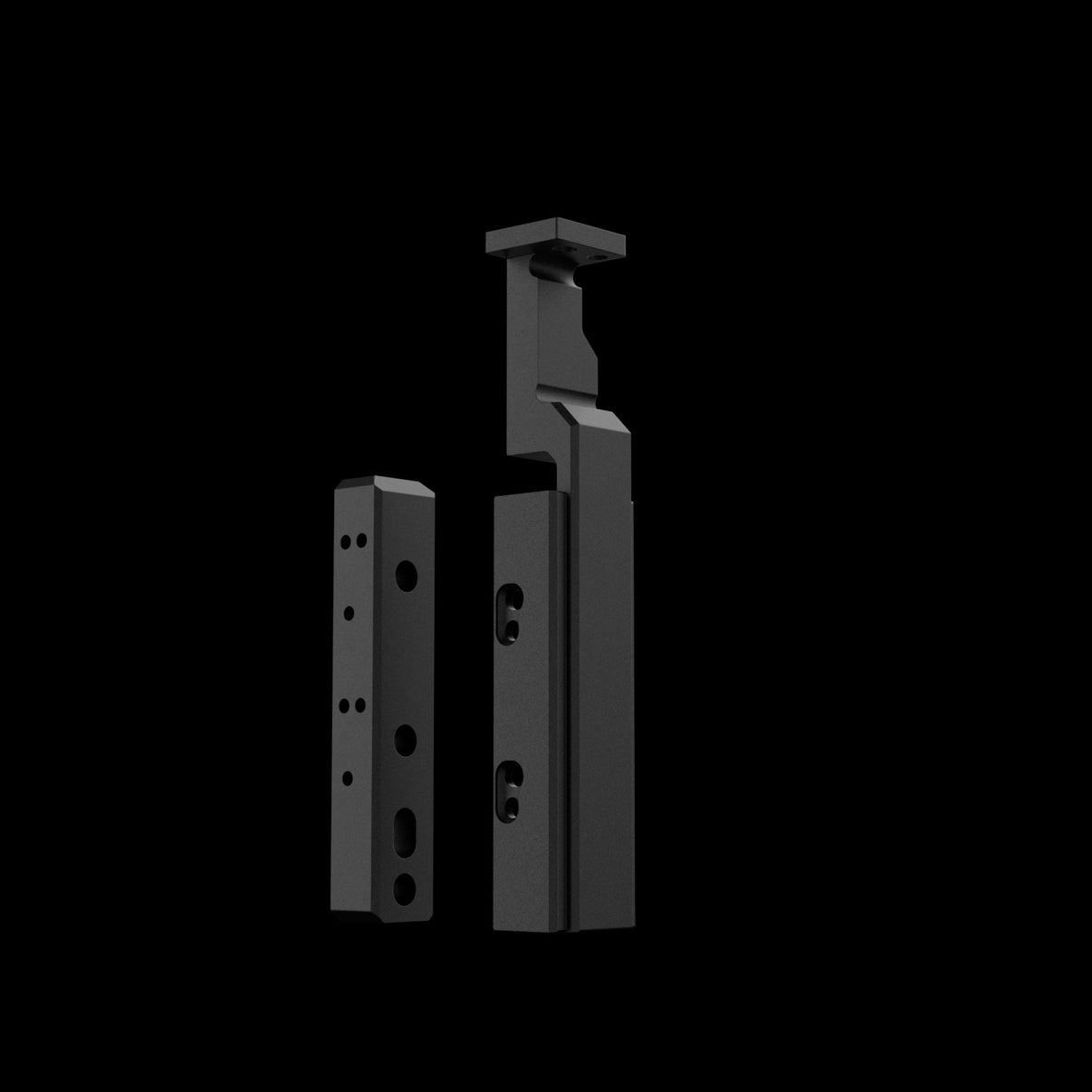 CNC-machined aluminum brackets from the NCASE T1 Travel Kit, designed for secure GPU mounting during transport.–  originally co-developed as FormD T1